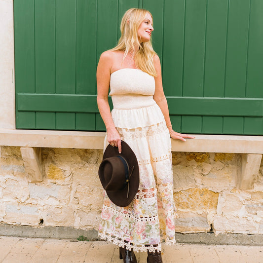 floral midi dress, strapless midi dress, smocked bodice dress, embroidered floral dress, eyelet lace dress, crocheted lace dress, scalloped hem dress, Ever After dress, romantic floral dress, feminine date night dress, wedding guest dress, weekend outfit dress, boutique women’s dress, summer floral dress, spring midi dress, flirty tube dress, romantic embroidered dress, whimsical floral dress, chic strapless dress, elegant cotton dress, dry clean dress, versatile midi dress, statement floral dress