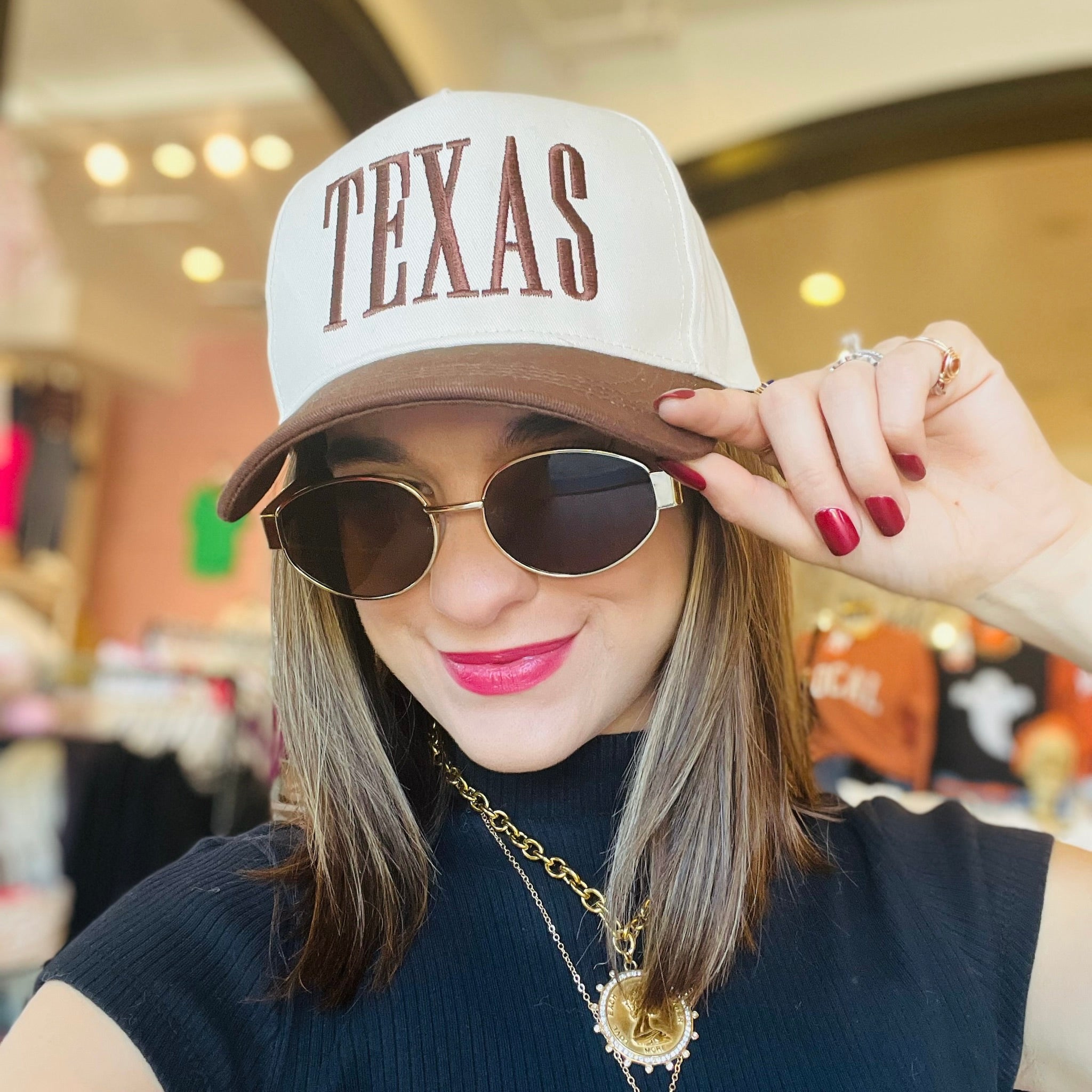 texas hat, lone star hat, texas baseball cap, texas embroidered hat, state pride hat, texas gift idea, red and brown hat, two tone cap, adjustable texas hat, 5 panel baseball cap, texas game day hat, casual texas cap, texas college student gift, texas lover gift, unisex texas hat, cotton texas cap, everyday texas hat, texas trucker hat, texas embroidered baseball cap, texas apparel accessory
