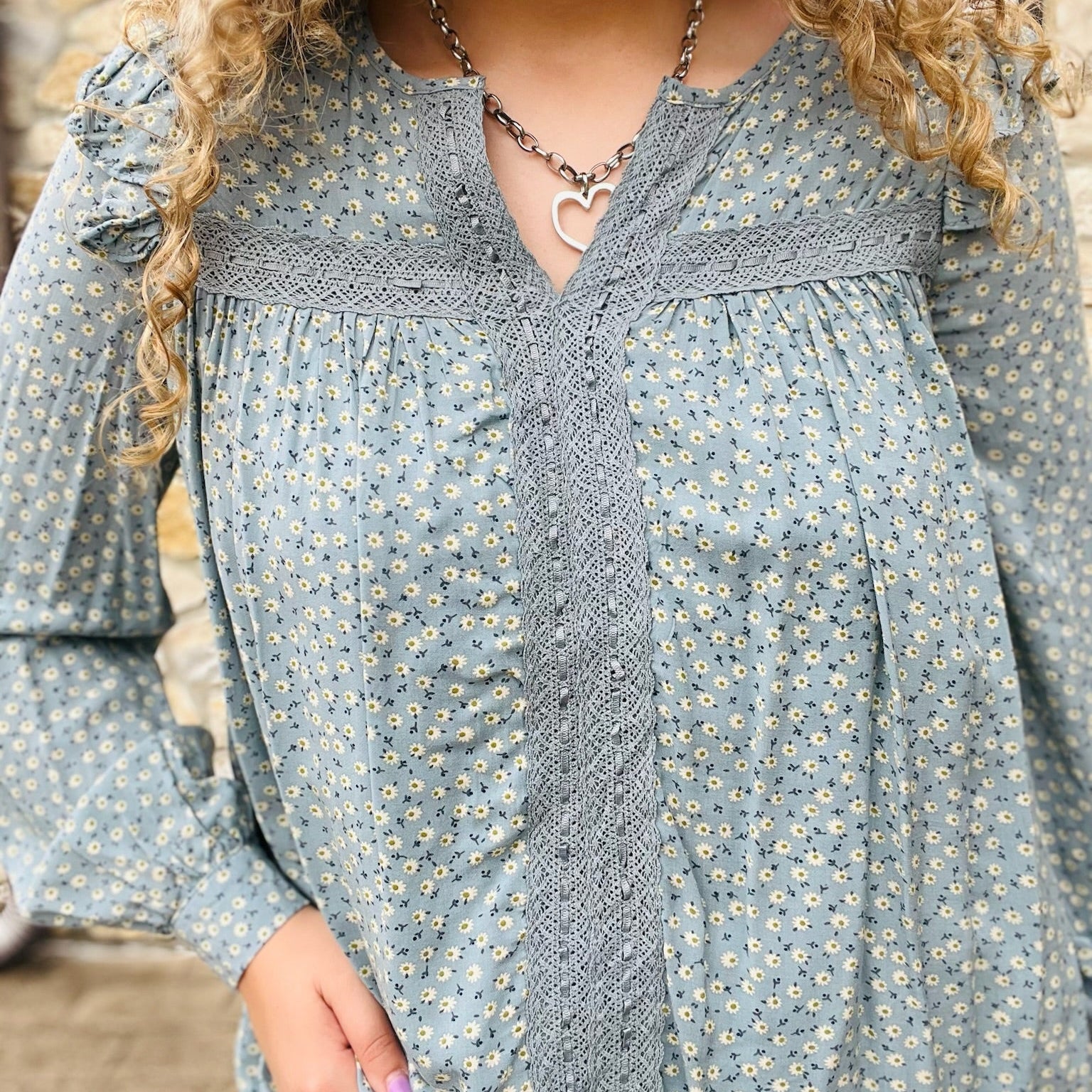 boho blouse, floral blouse, ditsy floral top, ruffle shoulder blouse, v neck floral top, long sleeve blouse, feminine boho top, breezy summer blouse, spring floral blouse, fall transition top, lined floral blouse, cotton lace detail top, button back blouse, boutique floral top, casual chic blouse, romantic boho style, cute floral shirt, lightweight floral top, versatile blouse, trendy boho top