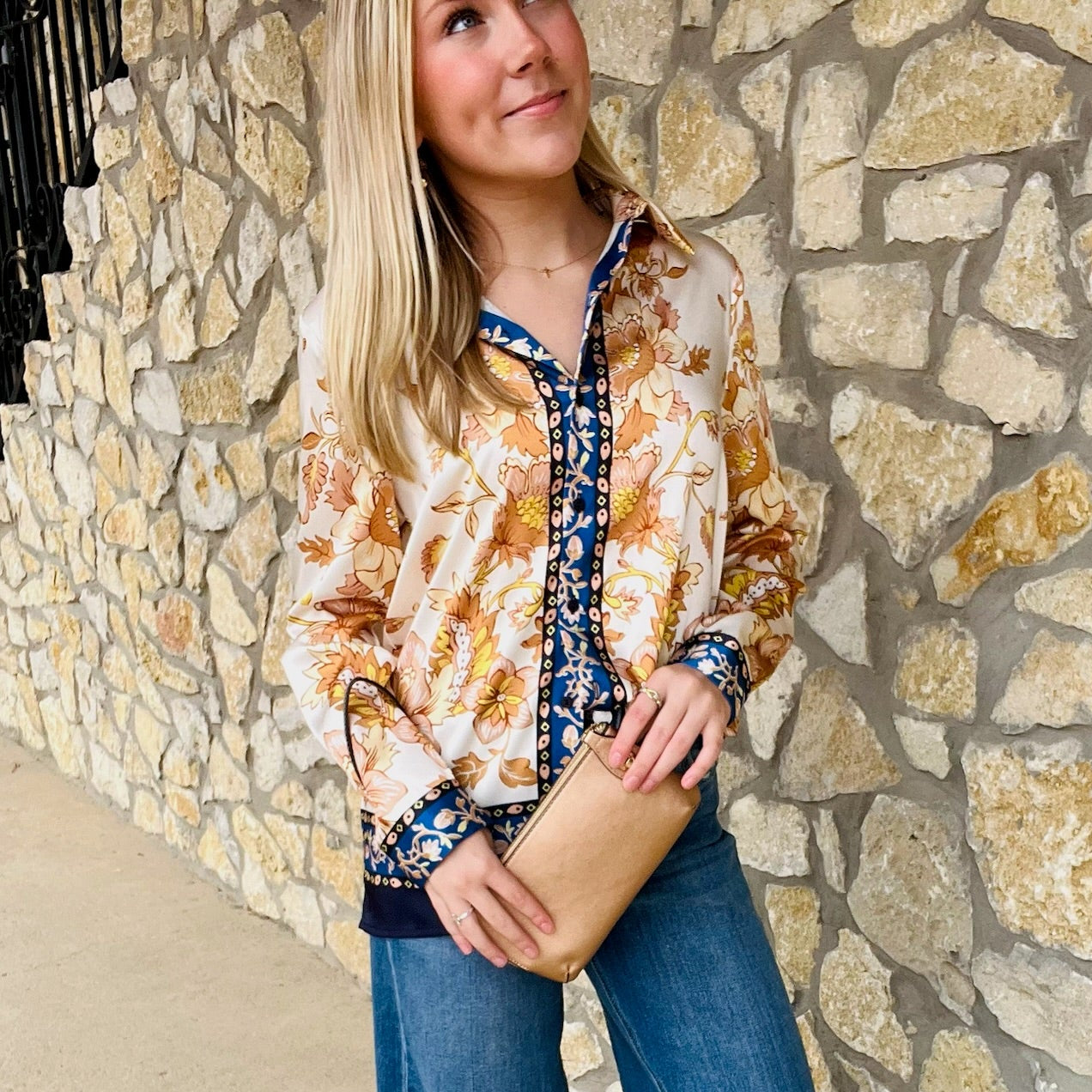 satin floral blouse, navy floral blouse, gold border blouse, button down satin top, collared floral shirt, dressy blouse for work, fall satin blouse, polished button down, long sleeve satin blouse, floral print top, navy and gold blouse, date night blouse, statement blouse, elegant satin shirt, boutique blouse, feminine satin top, silky floral blouse, modern floral blouse, chic workwear top