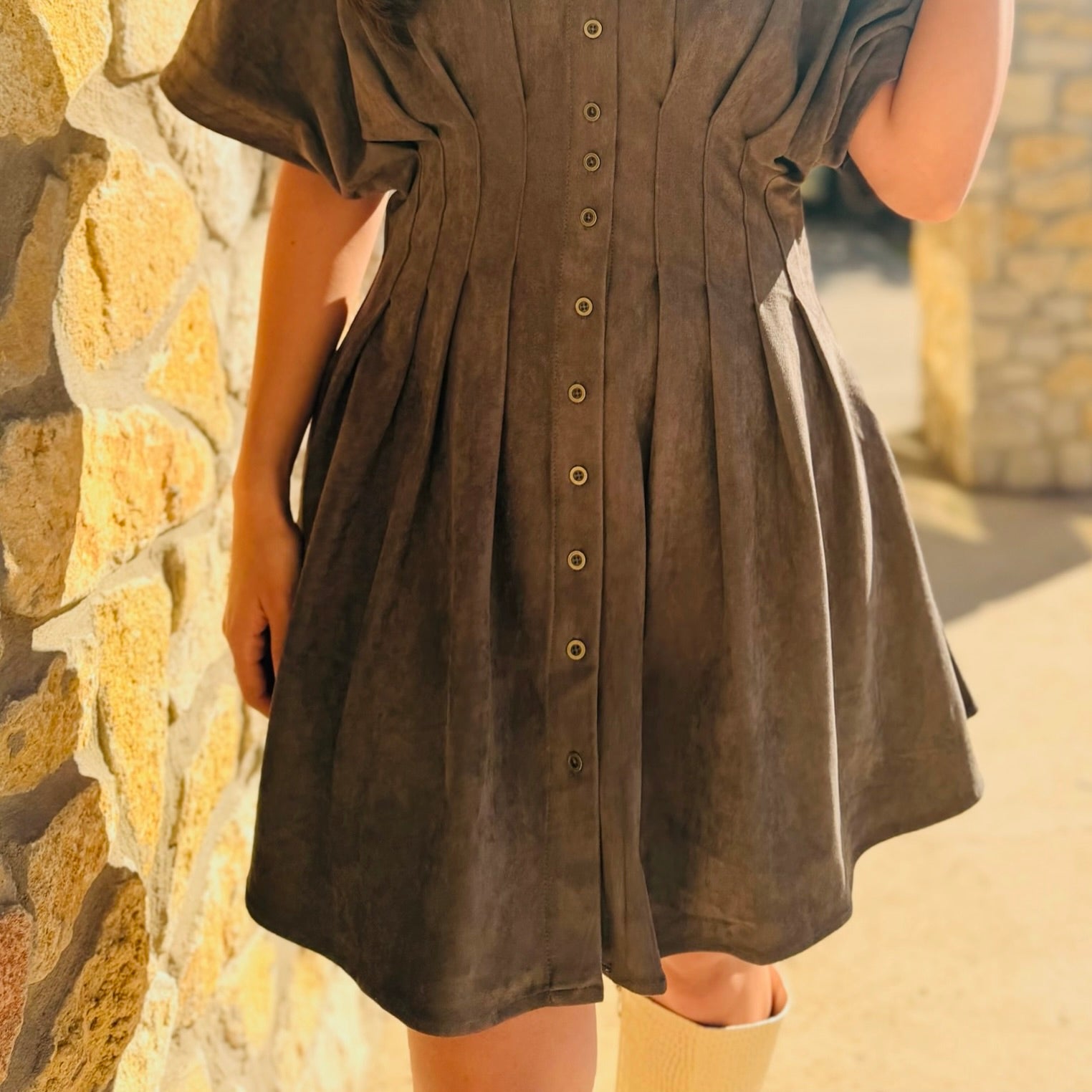 The Cora Pleated Suede Mini Dress