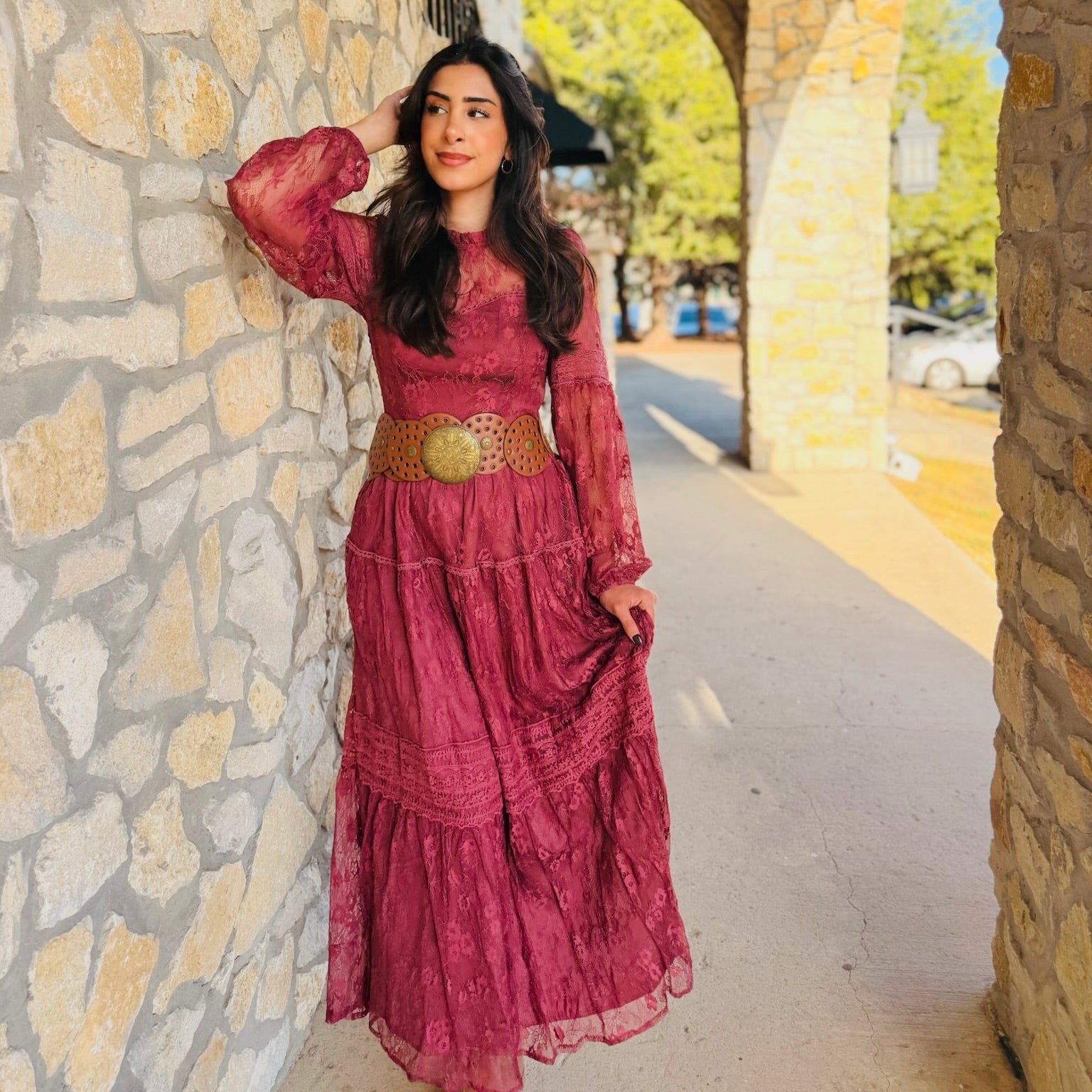 Midnight Merlot Tiered Lace Maxi Dress