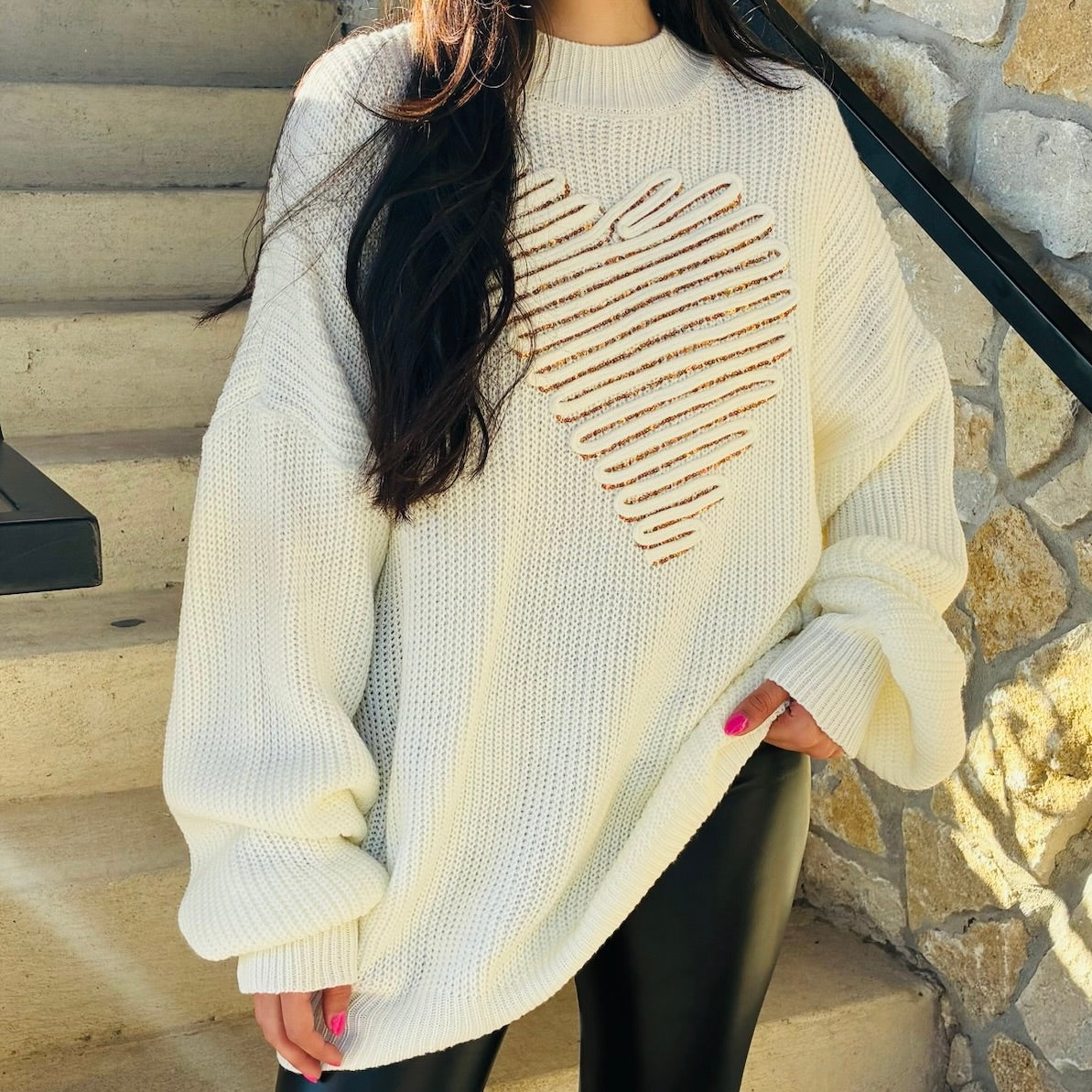 heart sequin sweater, heart sweater women, valentine sweater women, oversized heart sweater, mock neck sweater women, cozy knit sweater women, romantic sweater women, monotone heart sweater, sequin heart top, layering sweater women, drop shoulder sweater, thicker knit sweater, winter to spring sweater, pink heart sweater, red heart sweater, cream heart sweater, boutique women’s sweaters, casual valentines outfit, elevated everyday sweater