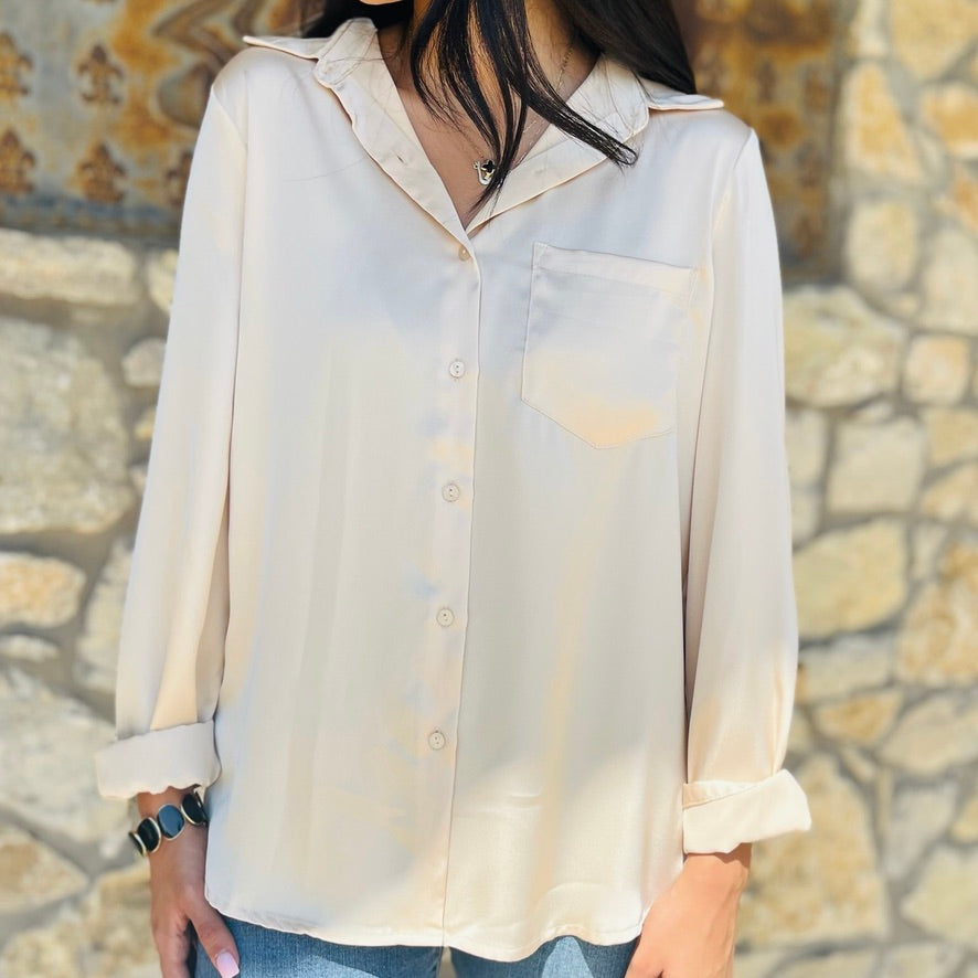 satin blouse, silky button up top, classic collared blouse, long sleeve satin shirt, relaxed fit blouse, polished work blouse, date night top, chic satin button down, versatile wardrobe staple, timeless satin blouse, soft silky feel blouse, solid color satin top, elevated everyday blouse, office to evening top, best selling satin blouse, smooth satin shirt, recycled polyester blouse, sophisticated satin top, chest pocket blouse, effortless chic satin blouse