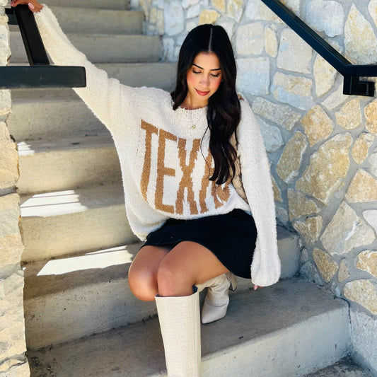 Texas sweater, Texas boatneck sweater, ivory Texas sweater, Texas graphic sweater, oversized Texas sweatshirt, relaxed fit Texas sweater, boat neck graphic sweater, caramel lettered sweater, soft Texas sweater, cozy Texas sweatshirt, game day Texas outfit, cute Texas pullover, long sleeve Texas sweater, Texas pride clothing, Texas lounge sweater, Texas fall sweater, neutral Texas sweater, southern style sweater, women's Texas sweater, comfy Texas graphic sweatshirt, cream boatneck sweater