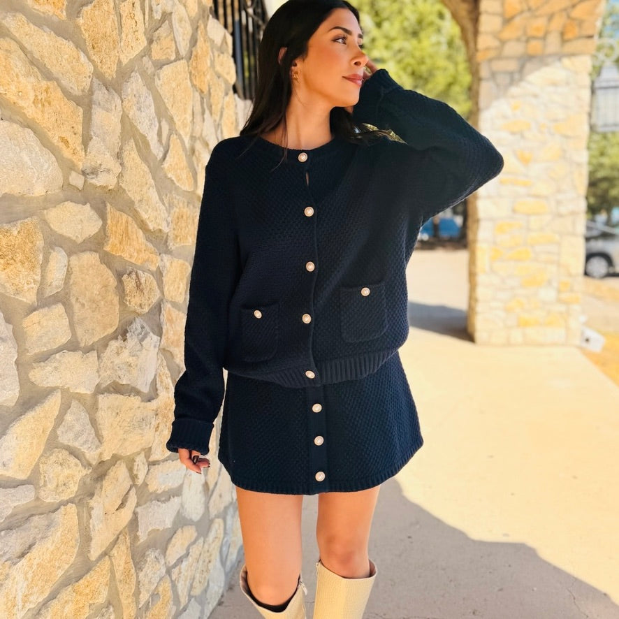 Mavelyn Sweater Knit Mini Skirt with Pearl Buttons