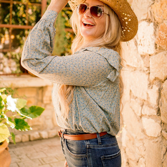 boho blouse, floral blouse, ditsy floral top, ruffle shoulder blouse, v neck floral top, long sleeve blouse, feminine boho top, breezy summer blouse, spring floral blouse, fall transition top, lined floral blouse, cotton lace detail top, button back blouse, boutique floral top, casual chic blouse, romantic boho style, cute floral shirt, lightweight floral top, versatile blouse, trendy boho top