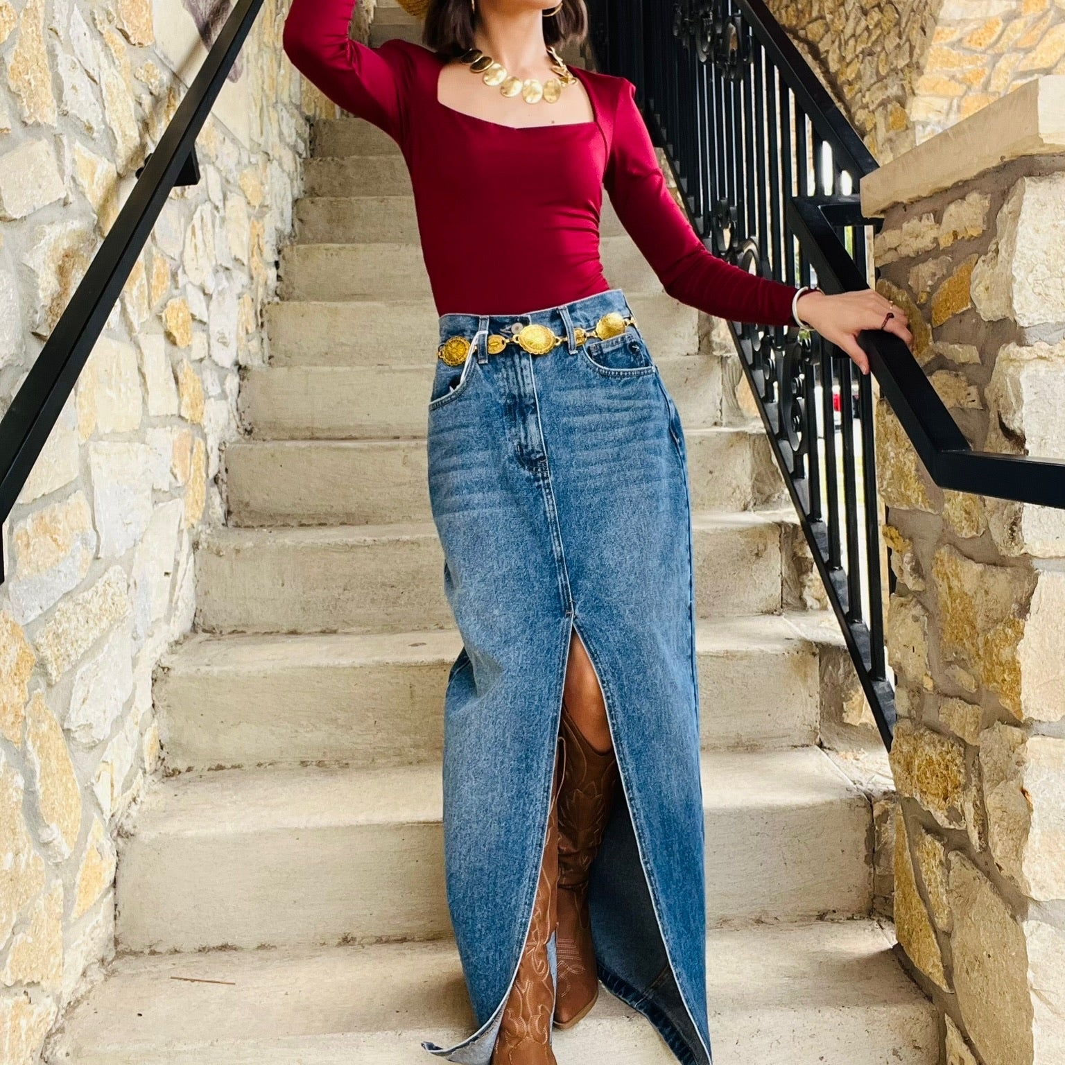 denim midi skirt, kancan denim skirt, medium wash denim skirt, jean midi skirt, button and zip denim skirt, center slit skirt, fall denim skirt, classic jean skirt, rigid denim skirt, casual to chic outfit, timeless denim piece, versatile midi skirt, no stretch denim, everyday denim skirt, closet staple skirt, long jean skirt, stylish denim bottom, blue denim midi, all season denim skirt, high quality kancan skirt