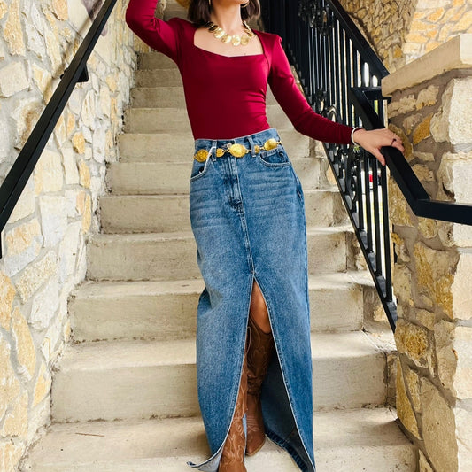 denim midi skirt, kancan denim skirt, medium wash denim skirt, jean midi skirt, button and zip denim skirt, center slit skirt, fall denim skirt, classic jean skirt, rigid denim skirt, casual to chic outfit, timeless denim piece, versatile midi skirt, no stretch denim, everyday denim skirt, closet staple skirt, long jean skirt, stylish denim bottom, blue denim midi, all season denim skirt, high quality kancan skirt