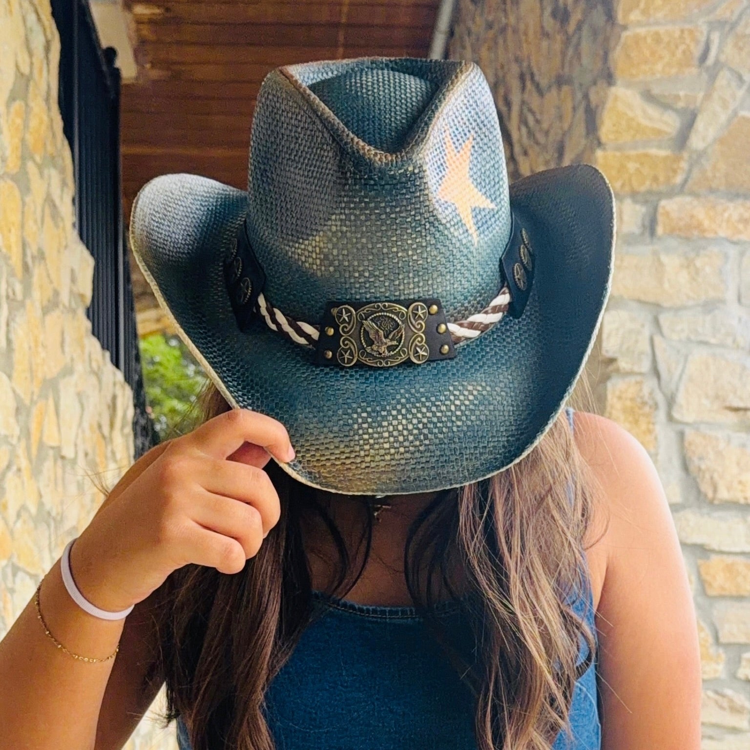 Western Dream Distressed Cowboy Hat With Brass Eagle Buckle