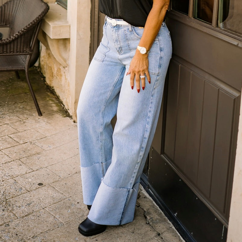 stretchy wide leg jeans, high rise jeans, medium wash denim, folded hem jeans, comfy stretch jeans, wide jeans for women, relaxed fit denim, casual everyday jeans, flattering high waist denim, big pocket jeans, classic 5 pocket jeans, zip fly jeans, trendy wide leg denim, soft stretchy jeans, must have denim, comfortable wide jeans, modern casual jeans, versatile medium wash jeans, cotton spandex jeans, cute and comfy jeans