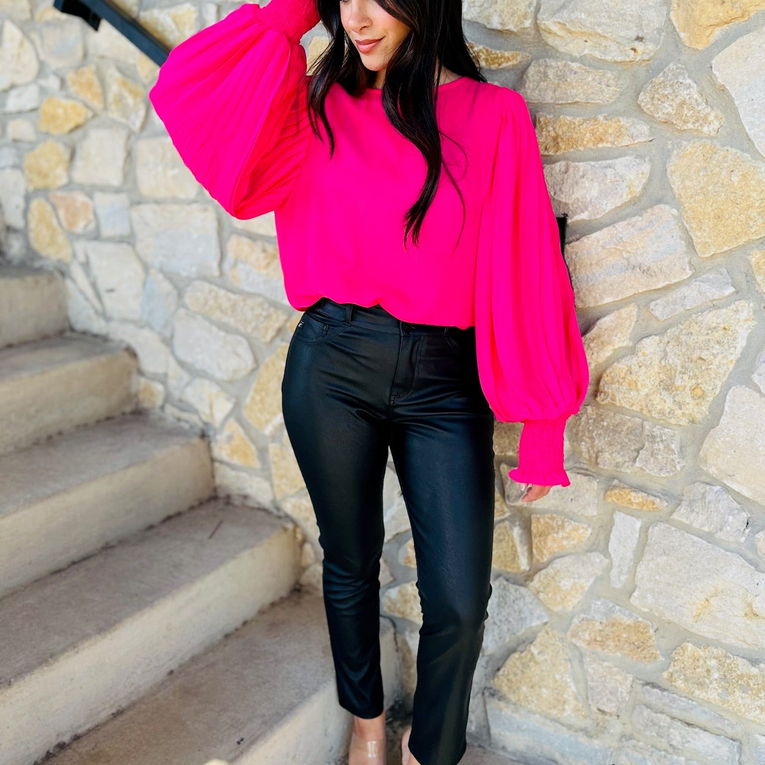 pleated sleeve blouse, business casual, business chic, business professional, work outfit, work top, long sleeve blouse, pleated blouse, pleated sleeve, staple piece, staple work top, red top, red blouse, pink top, pink blouse, lavender top, lavender blouse