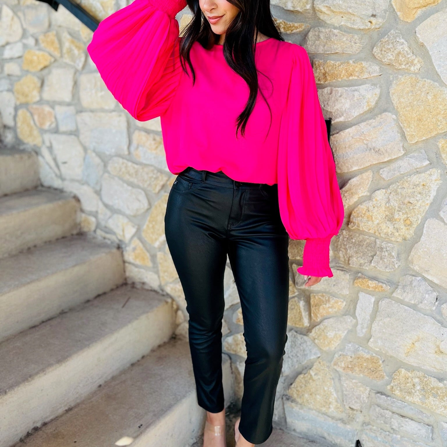 PU leather jeans, faux leather pants, high rise leather jeans, skinny straight leather pants, double button waistband jeans, women’s fall outfit, night out outfit, chic leather bottoms, trendy faux leather denim, sleek leather trousers, high waist jeans, comfort stretch pants, statement leather jeans, edgy fall fashion, black PU pant