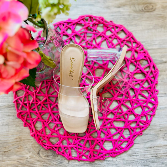 Clear Heels, Clear Double Strap Heels, Nude Clear Heels, Nude Clear Heels McKinney Texas, Nude Clear Heels Karadise Boutique, Nude Clear Heels Karadise, Formal Heels, Chic Heels, Everyday Heels, Summer Heel, Vacation Heels, Wedding Guest Heels.