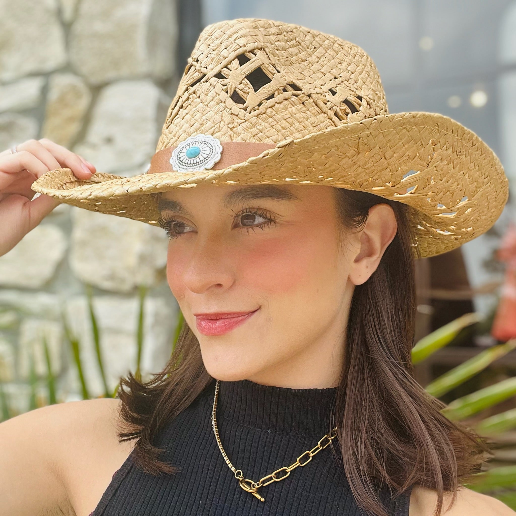 cowboy hat, woven straw hat, western hat, straw cowboy hat, country concert hat, summer hat, boat day hat, wide brim hat, ventilated straw hat, lightweight cowboy hat, durable straw hat, leather brim hat, sun protection hat, western style accessory, casual outdoor hat, country style hat, rancher hat, trendy cowboy hat, festival hat, everyday western hat