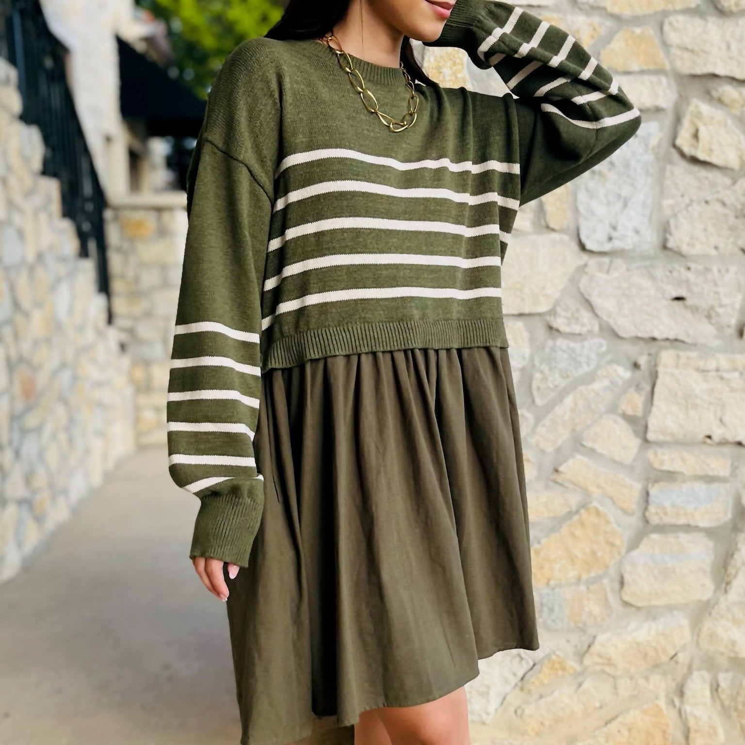 olive striped dress, fall mini dress, knit and woven dress, olive green dress, cream striped dress, cozy fall dress, casual fall outfit, long sleeve mini dress, crew neck dress, striped knit dress, autumn outfit idea, cute fall dress, pumpkin patch outfit, fall festival dress, comfy chic dress, olive mini dress, mixed media dress, fall fashion, sweater dress style, stylish fall look