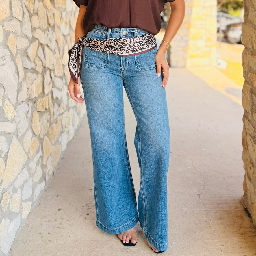 Parker Medium Wash Patch Pocket Wide Leg Jeans