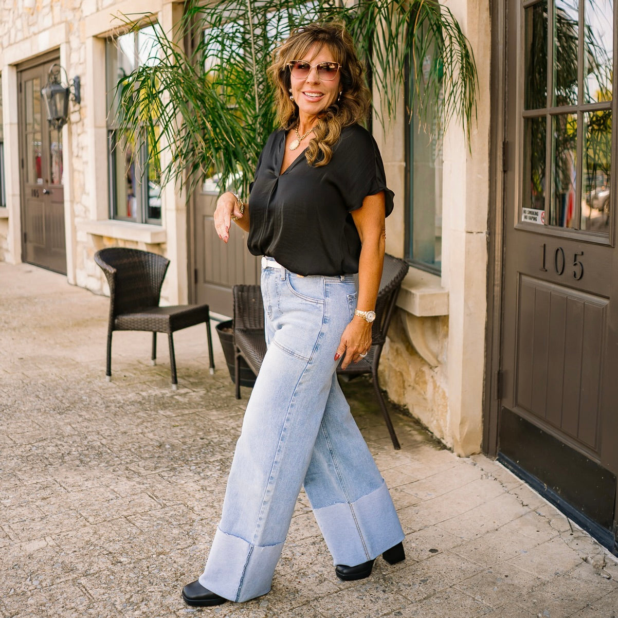 stretchy wide leg jeans, high rise jeans, medium wash denim, folded hem jeans, comfy stretch jeans, wide jeans for women, relaxed fit denim, casual everyday jeans, flattering high waist denim, big pocket jeans, classic 5 pocket jeans, zip fly jeans, trendy wide leg denim, soft stretchy jeans, must have denim, comfortable wide jeans, modern casual jeans, versatile medium wash jeans, cotton spandex jeans, cute and comfy jeans