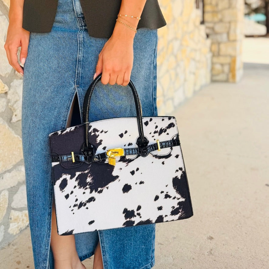 Ranch Rose Western Cow Print Handbag Tote Bag