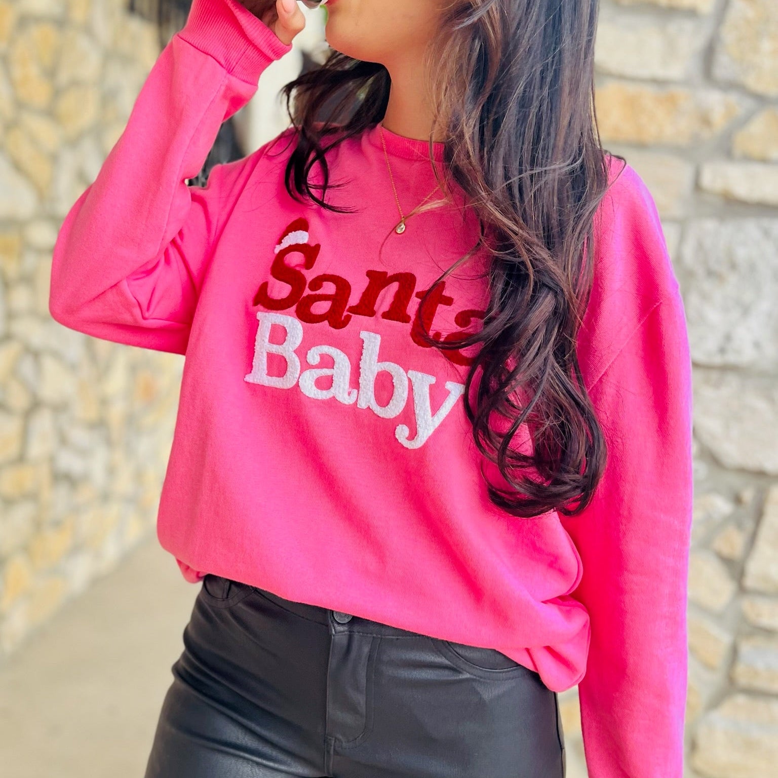 santa baby sweatshirt, pink christmas sweatshirt, holiday sweatshirt, christmas crewneck, festive sweatshirt, santa hat graphic sweatshirt, women’s christmas sweatshirt, cute holiday sweatshirt, textured lettering sweatshirt, christmas outfit, holiday graphic sweatshirt, cozy christmas style, boutique christmas sweatshirt, winter sweatshirt, casual holiday outfit, teacher christmas sweatshirt, mom christmas sweatshirt, comfy holiday wear, cotton polyester sweatshirt, christmas gift idea, seasonal sweatshirt
