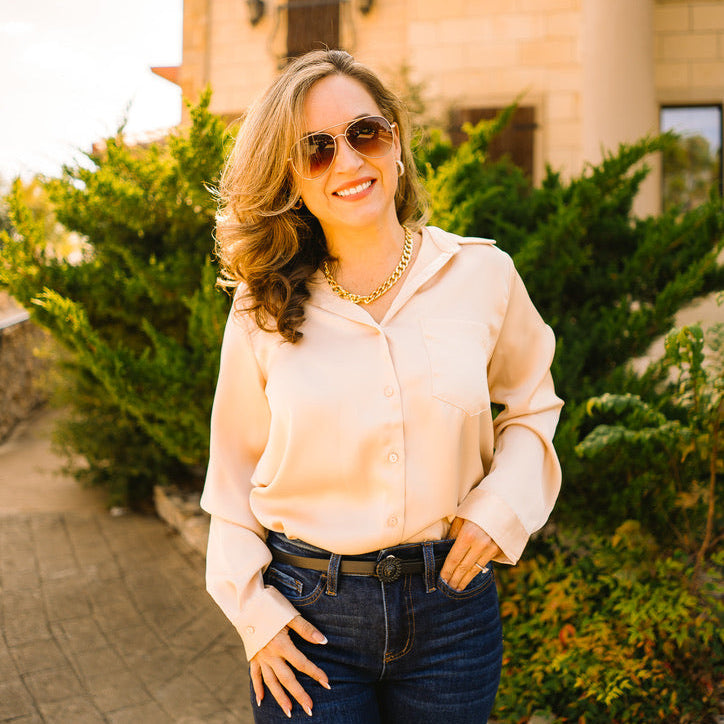 satin blouse, silky button up top, classic collared blouse, long sleeve satin shirt, relaxed fit blouse, polished work blouse, date night top, chic satin button down, versatile wardrobe staple, timeless satin blouse, soft silky feel blouse, solid color satin top, elevated everyday blouse, office to evening top, best selling satin blouse, smooth satin shirt, recycled polyester blouse, sophisticated satin top, chest pocket blouse, effortless chic satin blouse