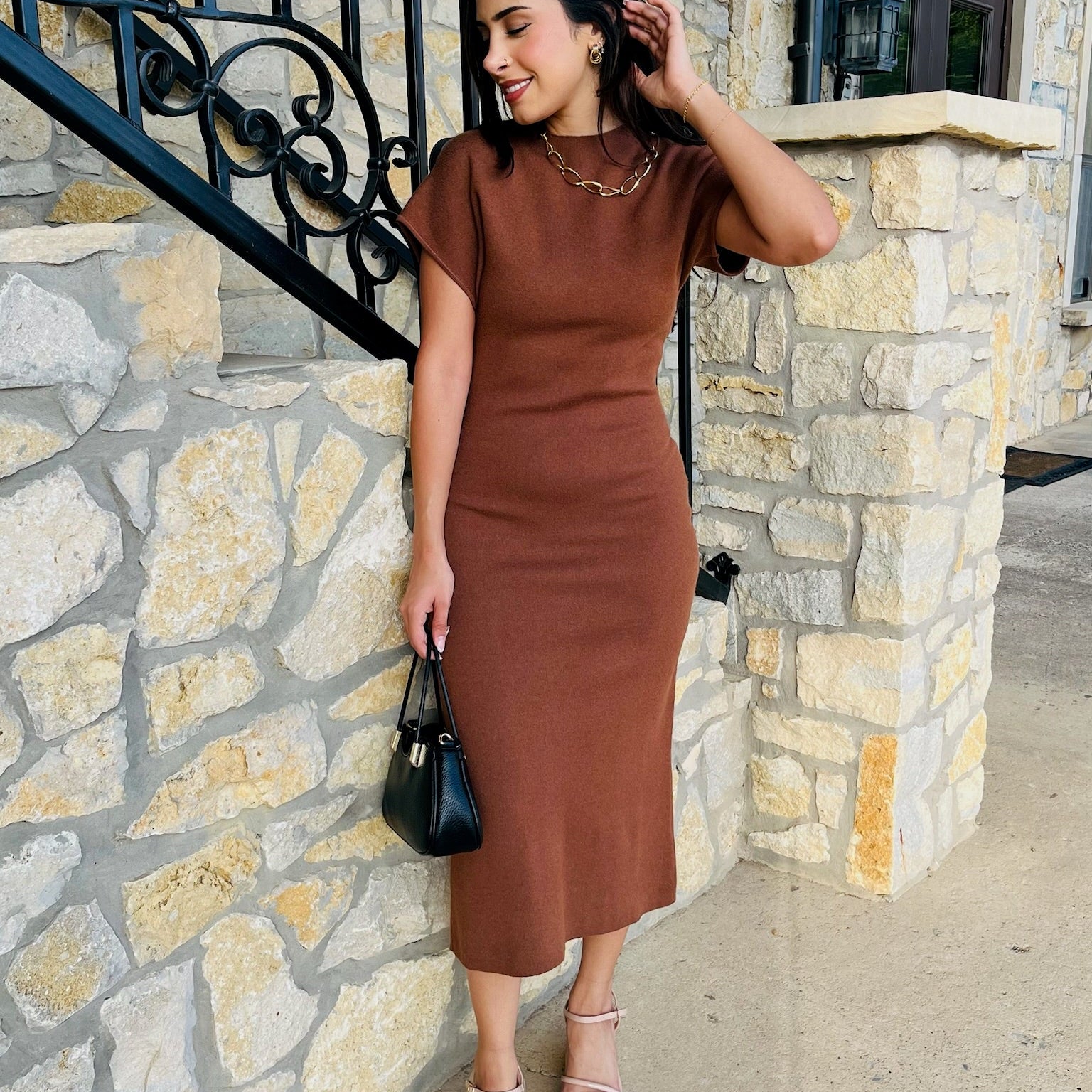 brown midi sweater dress, knit midi dress, fall sweater dress, mock neck dress, drop shoulder dress, short sleeve sweater dress, solid brown dress, cozy fall outfit, chic knit dress, versatile midi dress, fall wardrobe essential, ribbed knit dress, warm tone dress, classy fall dress, office to dinner outfit, brown knit midi, timeless sweater dress, elegant fall outfit, minimalist knit dress, neutral fall fashion
