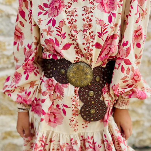 western belt, boho chic belt, round panel belt, eyelet detail belt, oversized belt, antique gold belt, black faux leather belt, brown faux leather belt, western boho accessory, statement belt, trendy boho belt, cowboy chic belt, rodeo fashion belt, country western belt, festival outfit belt, denim belt accessory, flowy skirt belt, bohemian style belt, gold hardware belt, versatile fashion belt