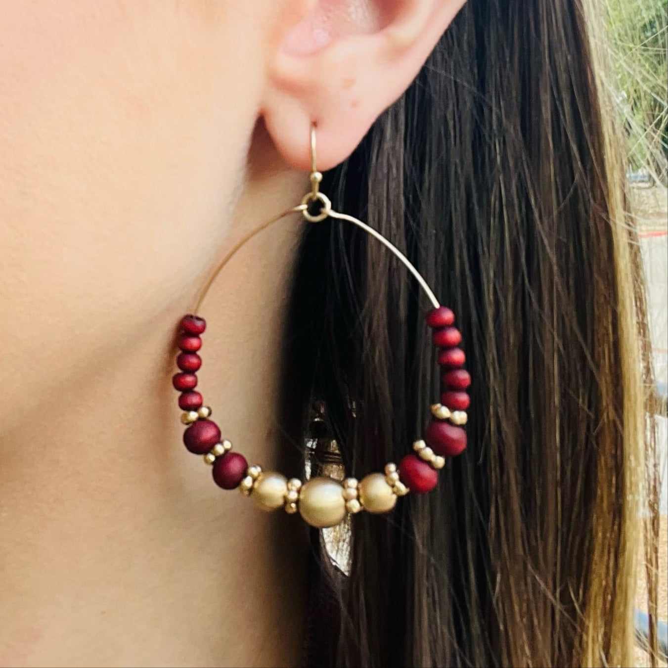 red beaded hoop earrings, gold beaded hoops, western boho earrings, bohemian hoop earrings, lightweight dangle earrings, red and gold jewelry, beaded statement earrings, festival earrings, rodeo style earrings, country chic jewelry, boho fashion accessories, french wire dangle hoops, everyday hoop earrings, trendy western earrings, concert outfit jewelry, casual boho earrings, handmade style earrings, red hoop earrings, gold hoop earrings, unique beaded jewelry