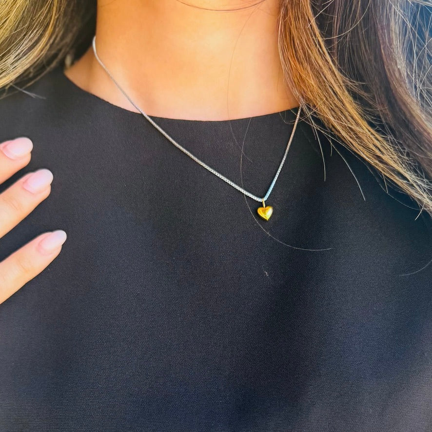 Attention Getter Dainty Two-Tone Puffy Heart Necklace