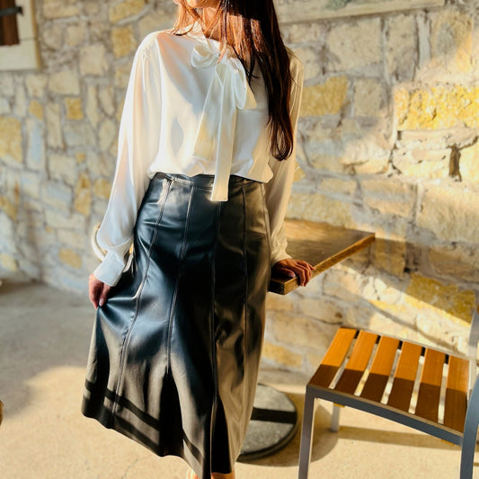 refined bow blouse, bow tie blouse, sophisticated blouse, chic blouse, elegant women's top, black blouse, white blouse, button down blouse, long sleeve blouse, office blouse, workwear top, dressy blouse, evening blouse, woven blouse, polished blouse, classic blouse, feminine blouse, versatile blouse, timeless blouse, professional top, business casual top, dinner outfit blouse, sleek blouse, wardrobe essential top