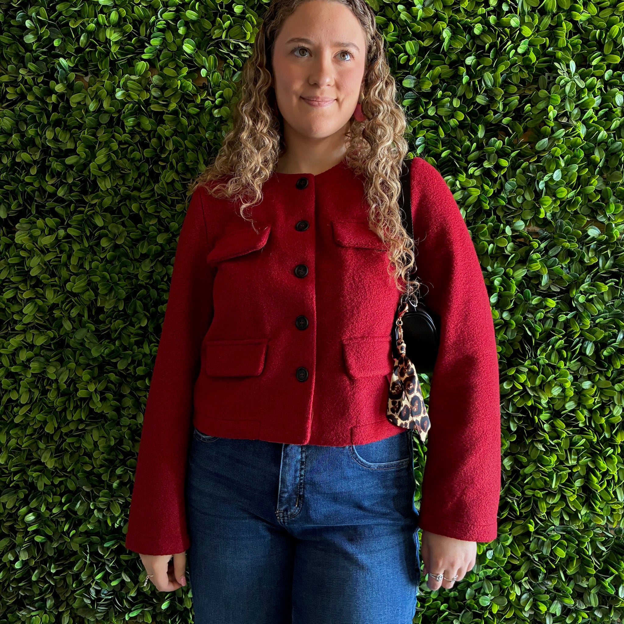 maroon jacket, deep red jacket, fitted jacket, women’s fitted jacket, boutique jacket, layering jacket, round neck jacket, long sleeve jacket, faux pocket jacket, tailored jacket, polished jacket, chic women’s jacket, workwear jacket, office outfit jacket, fall layering piece, winter jacket women, solid color jacket, elevated basics jacket, versatile women’s jacket, timeless women’s outerwear