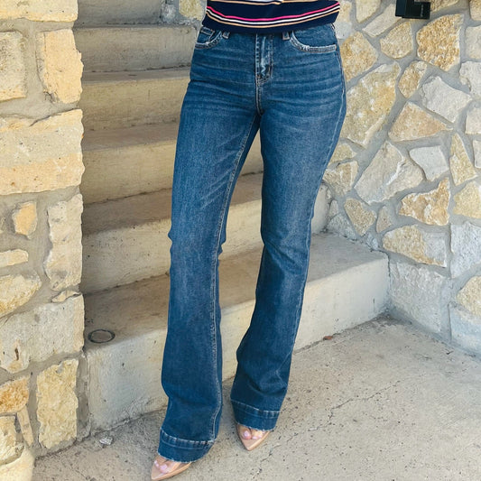 bootcut jeans, high rise bootcut jeans, dark wash bootcut jeans, trouser hem jeans, clean dark denim, no distress jeans, full length bootcut jeans, high waisted jeans, polished denim, comfort stretch jeans, office friendly jeans, business casual jeans, dark jeans for work, versatile denim pants, non distressed bootcut jeans, flattering bootcut jeans, jeans for family photos, jeans with belt loops, zip fly bootcut jeans, stretchy bootcut jeans, classic dark denim, holiday outfit jeans, spring to fall jeans, 