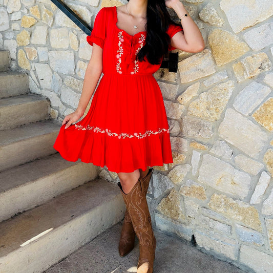 floral embroidered mini dress, peasant style dress, summer floral dress, square neckline mini dress, boho chic dress, flounce hem dress, tassel detail dress, puff sleeve mini dress, red floral dress, off white embroidered dress, casual summer outfit, feminine floral dress, stretchy waist mini dress, lined boho dress