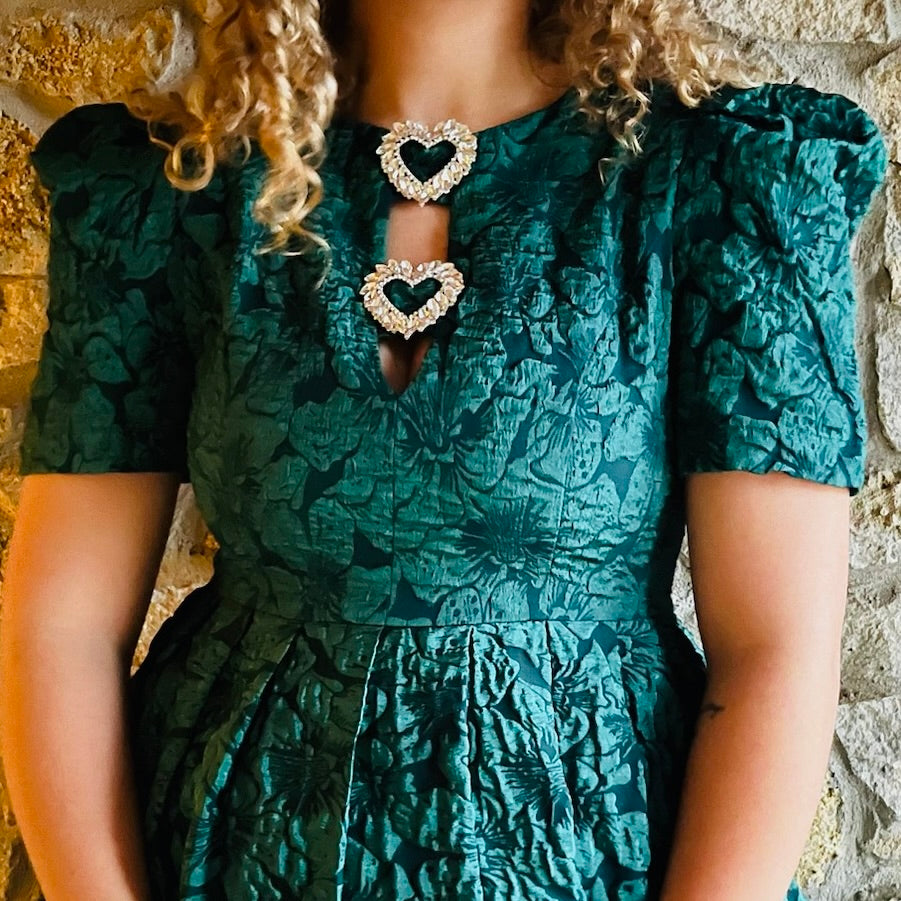holiday party dress, emerald green mini dress, jewel tone dress, Christmas dress, festive dress, winter event outfit, jacquard puff sleeve dress, rhinestone trim dress, flattering holiday dress, Nutcracker outfit, holiday work party look, pleated skirt mini dress, thick material dress, emerald jacquard mini, chic holiday fashion, fur coat outfit idea, statement holiday style, boutique Christmas outfit, elegant holiday dress, mckinney texas dresses, boutique dresses, shop local