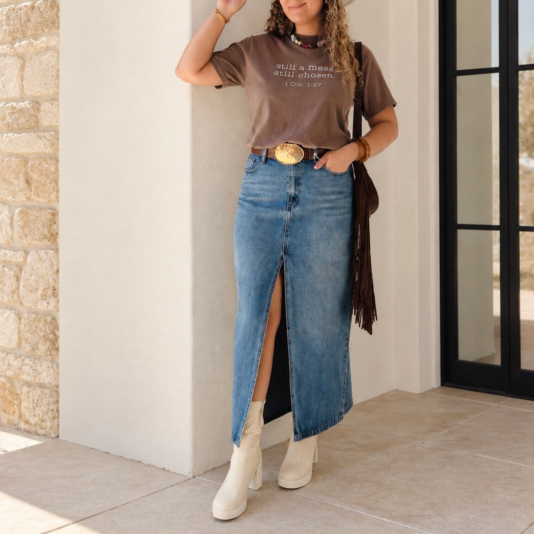 Paula 90's Denim Front Slit Midi Skirt