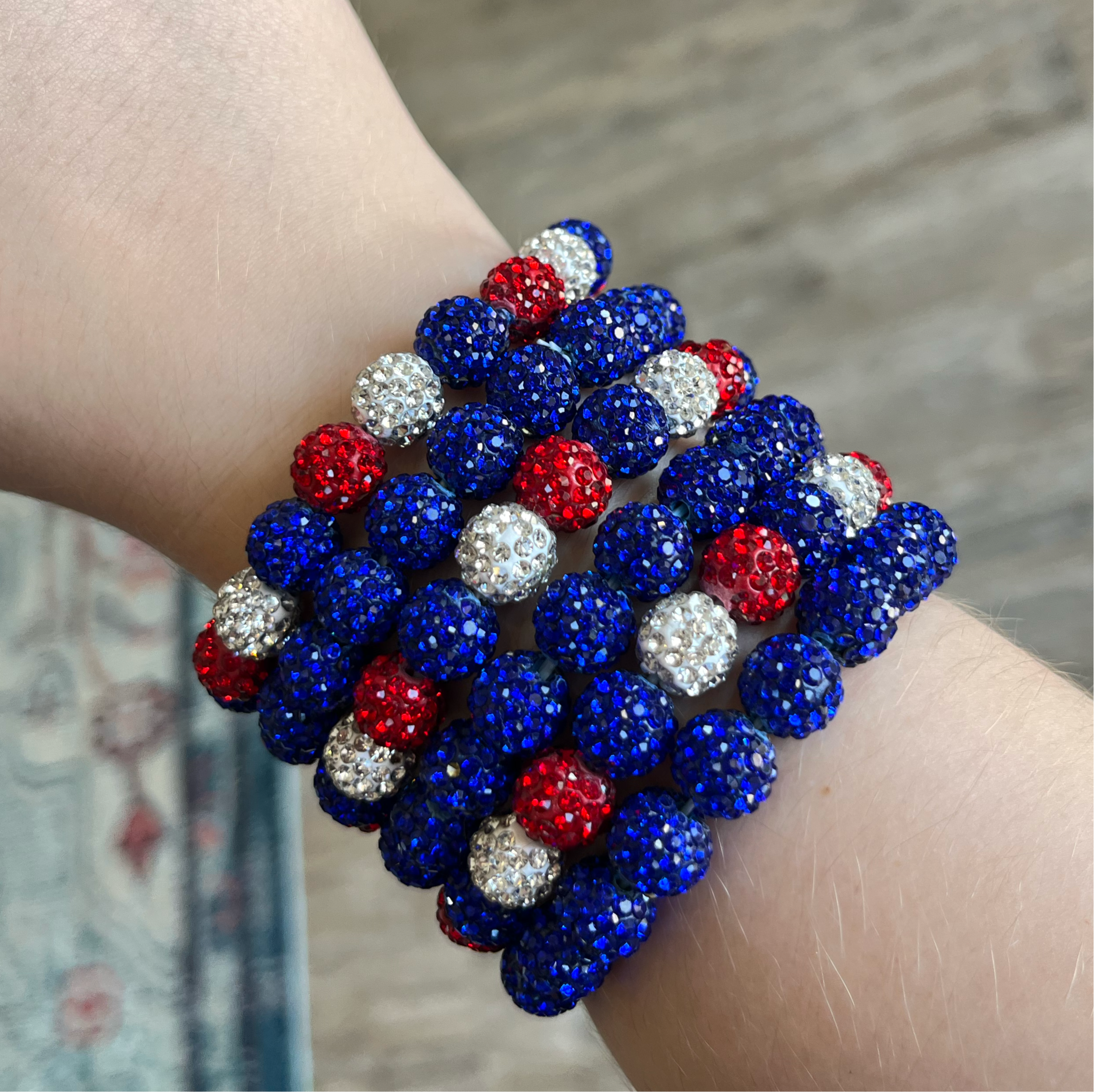 rhinestone bracelets, sparkly bracelets, beaded bracelets, sparkly beaded bracelets, sparkle bracelets, fun bracelets, teacher accessories, fun accessories, bling bling bracelets, festive bracelets, holiday bracelets, candy bracelets, USA bracelets, red white and blue bracelets, 4th of july bracelets, patriotic bracelets, memorial day bracelets, labor day bracelets, veterans day bracelets