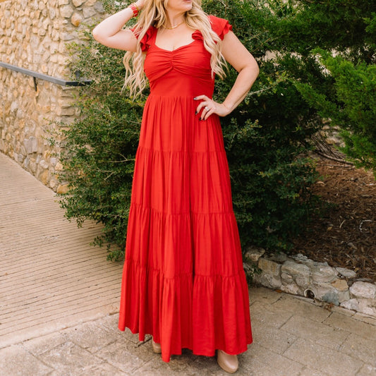 red maxi dress, summer to fall dress, texas boutique dress, elegant red dress, tiered maxi dress, cinched front dress, woven maxi, layered sleeve dress, statement red dress, dressy red maxi, fall transition outfit, wedding guest dress, date night maxi, boutique red dress, flowy red dress, feminine maxi dress, ankle length red dress, trendy boutique maxi, lightweight fall dress
