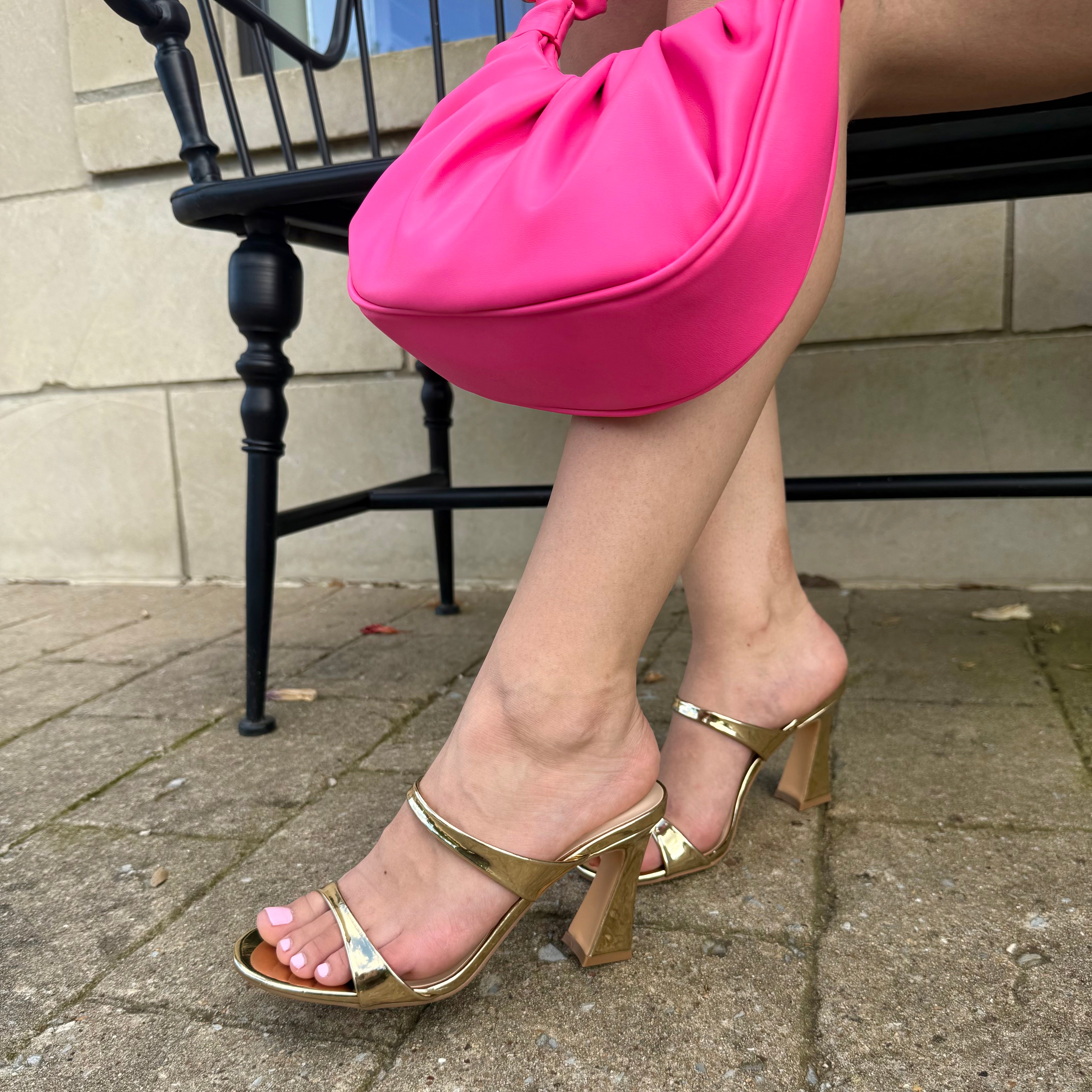 Gold Heels, Gold Double Strap Heels, Gold Heels, Gold Heels McKinney Texas, Gold Heels Karadise, Gold Heels Karadise Boutique, Summer Gold Heels, Formal Event Heels, Wedding Guest Heels.