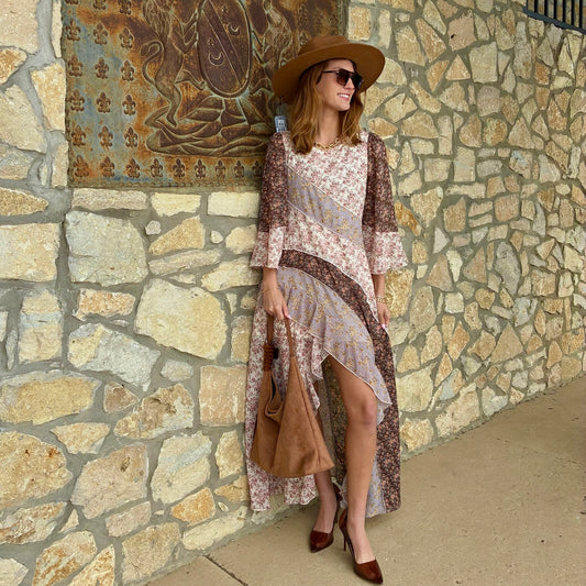 floral dress, colorblock dress, striped floral dress, statement dress, boutique dress, women’s boutique clothing, long sleeve dress, bell sleeve dress, front slit dress, wedding guest dress, special occasion dress, spring dress, fall dress, dressy floral dress, trendy women’s dress, elegant boutique dress, zipper back dress, unique floral dress, colorblock fashion, feminine dress