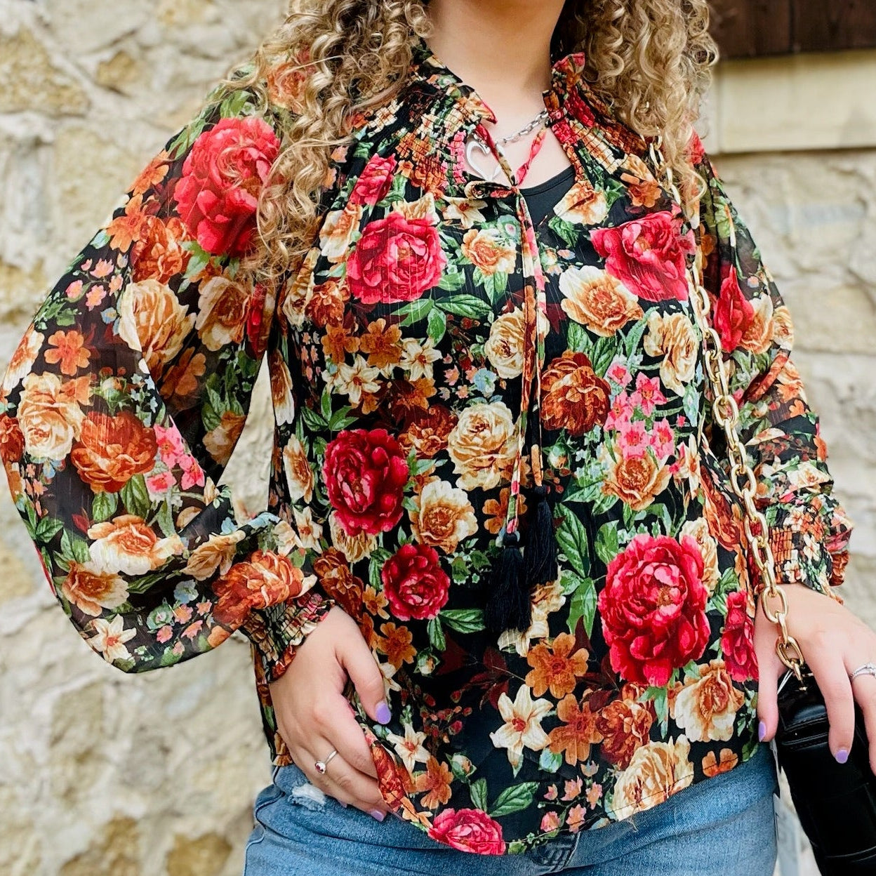 floral blouse, floral print top, high neck blouse, peasant sleeve top, smocked cuff blouse, tie front top, feminine floral top, chic work blouse, dinner date outfit, woven floral blouse, elegant floral shirt, boutique top, stylish fall blouse, office to evening top, floral high neck shirt, trendy floral blouse, women’s printed blouse, versatile floral top, romantic feminine style, cute floral top