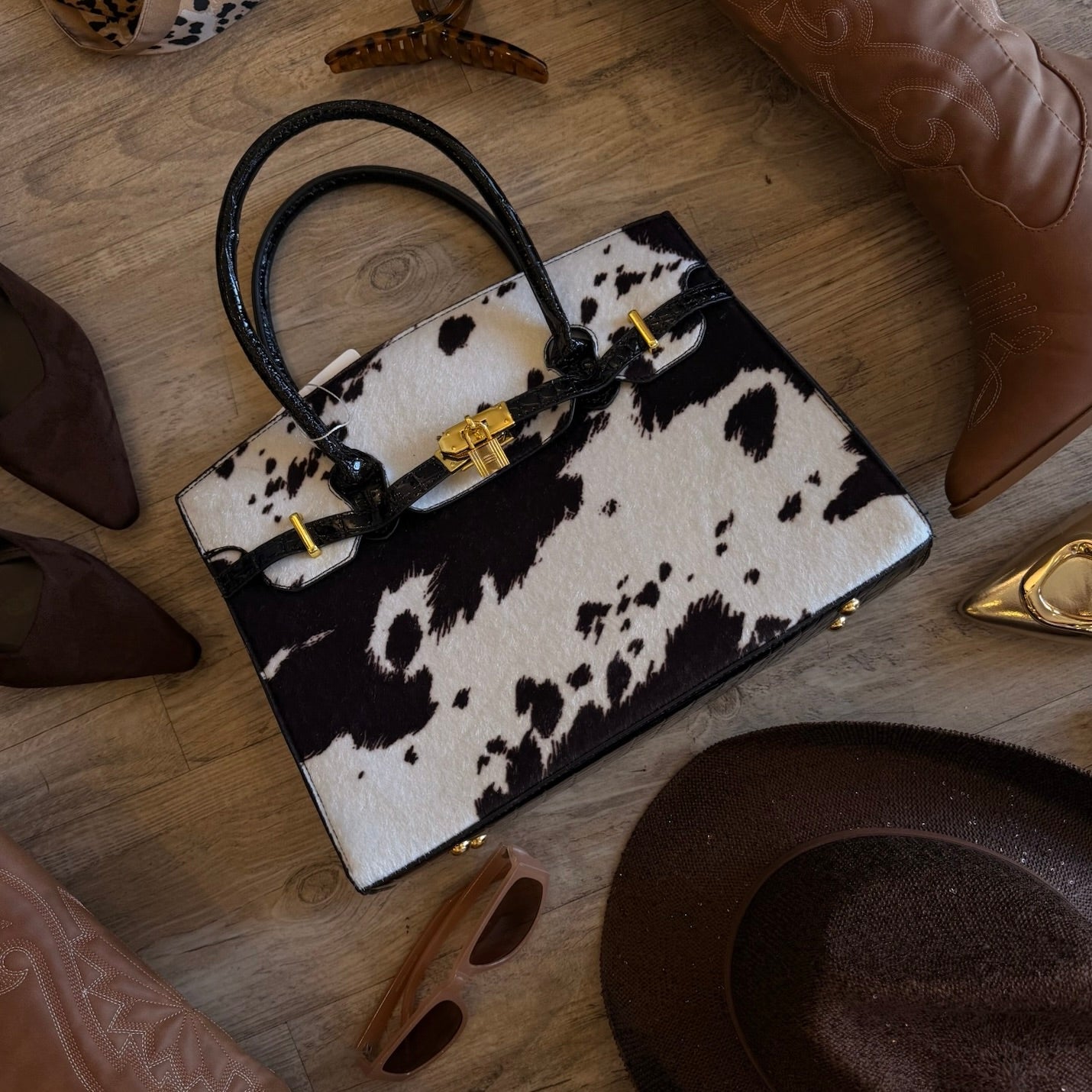 Ranch Rose Western Cow Print Handbag Tote Bag