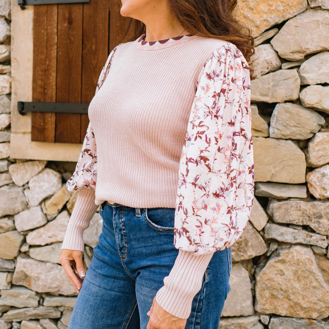 romantic floral top, contrast sleeve blouse, balloon sleeve top, pink floral shirt, ribbed fitted top, scalloped neckline blouse, feminine fall top, mauve floral sleeve shirt, chic casual top, boutique floral blouse, floral detail sweater top, pink and cream top, girly fall outfit, trendy sleeve detail top, date night blouse, everyday romantic top, floral ribbed blouse, fall transition top, boho chic floral top