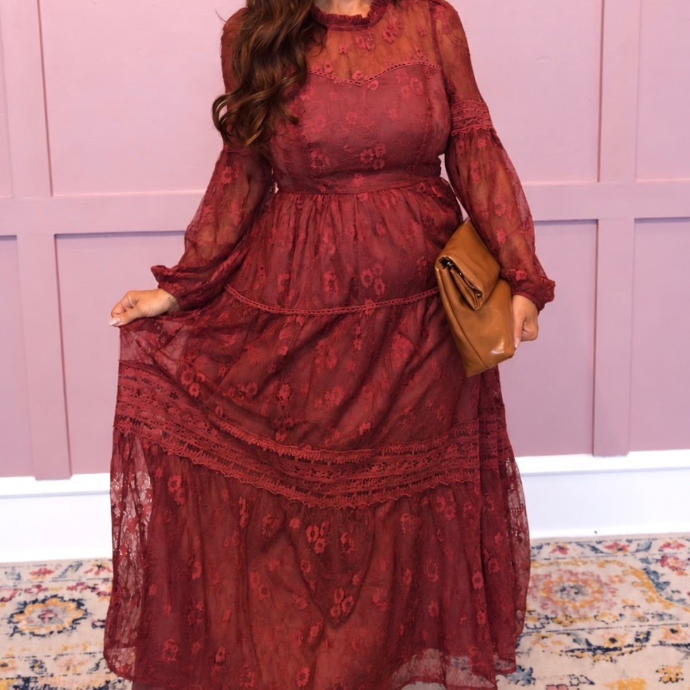 Midnight Merlot Tiered Lace Maxi Dress