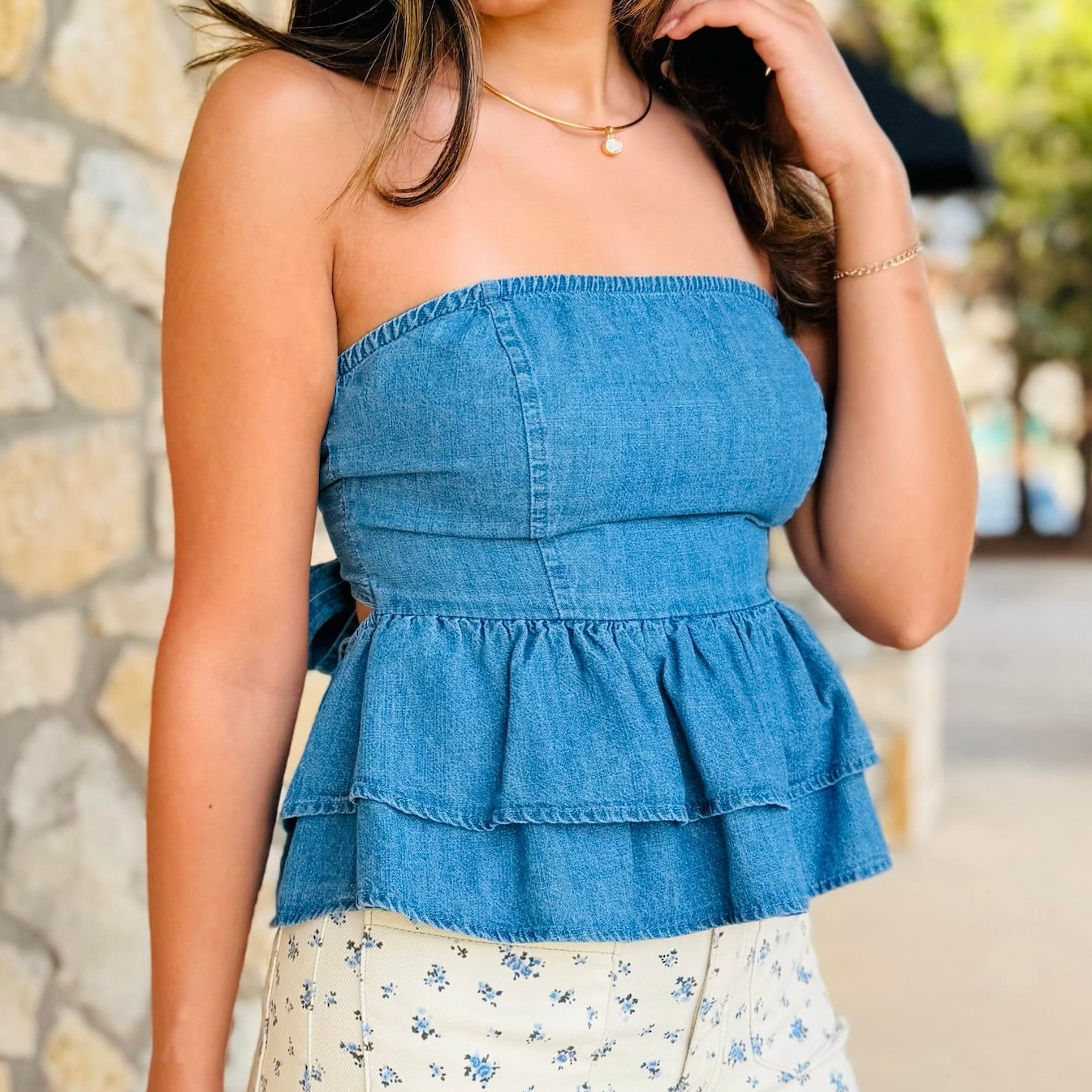 Blue Jean Beauty Denim Tiered Peplum Top
