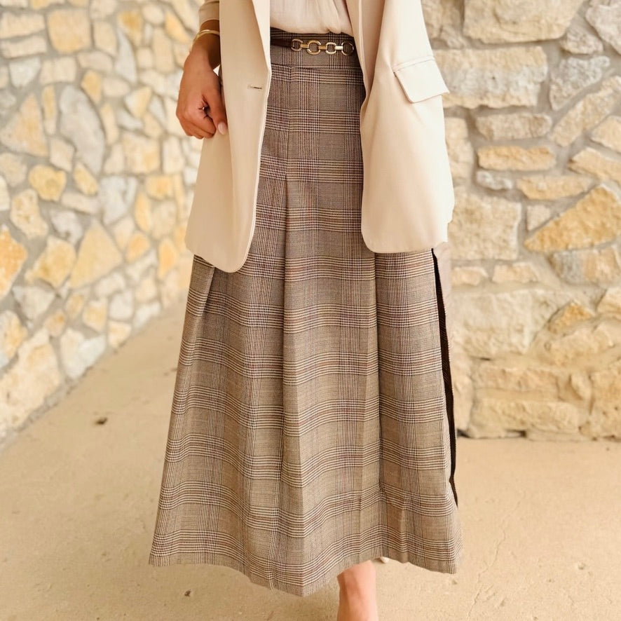 After Hours Plaid Pleated Midi Skirt