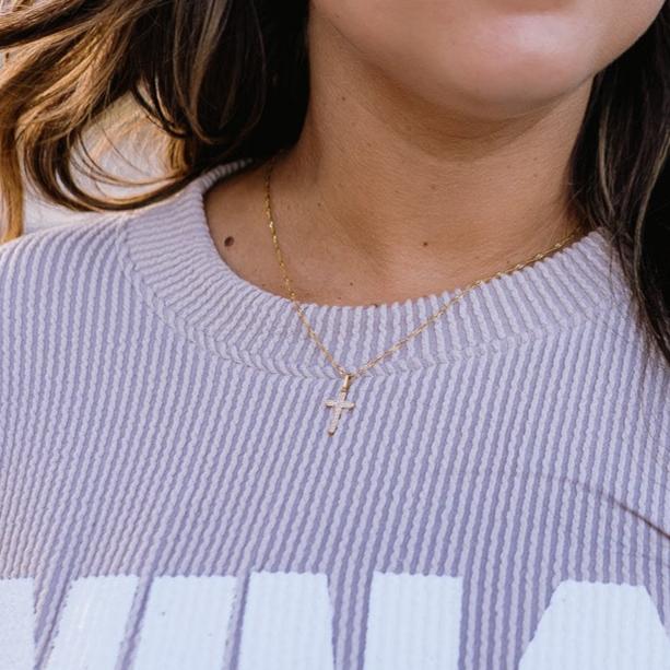 hypoallergenic, hypoallergenic necklace, hypoallergenic jewelry, gold necklace, 18k gold necklace, 18k gold coated, 18k gold jewelry, gold cross necklace, cross necklace, studded cross necklace, small cross necklace, simple necklace, dainty necklace, dainty cross necklace, water resistant necklace, brenda grands necklace, brenda grands, brenda grands jewelry