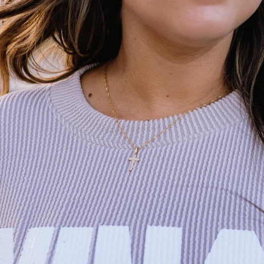 hypoallergenic, hypoallergenic necklace, hypoallergenic jewelry, gold necklace, 18k gold necklace, 18k gold coated, 18k gold jewelry, gold cross necklace, cross necklace, studded cross necklace, small cross necklace, simple necklace, dainty necklace, dainty cross necklace, water resistant necklace, brenda grands necklace, brenda grands, brenda grands jewelry