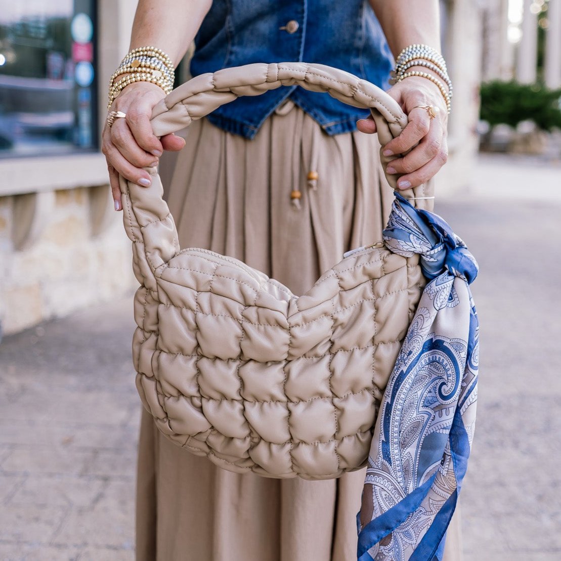 quilted shoulder bag, shoulder bag, quilted purse, quilted bag, free people bag dupe, free people dupe, faux leather bag, faux leather shoulder bag, crossbody bag, crossbody purse, quilted crossbody, taupe bag, tan purse, tan bag