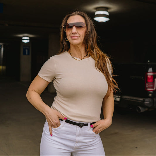 ribbed tee, fitted t-shirt, layering top, basic ribbed shirt, women’s fall essentials, soft rib knit tee, stretchy layering tee, round neck t-shirt, crewneck ribbed top, everyday basic top, fall layering essential, neutral wardrobe basics, athletic style tee, comfy fitted shirt, casual chic top