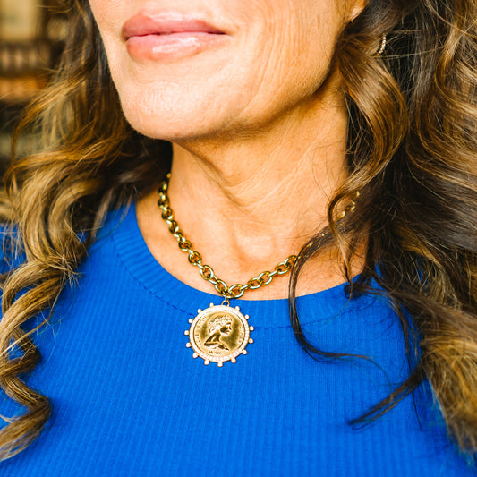 gold coin necklace, rhinestone coin pendant, water resistant jewelry, adjustable chain necklace, gold choker necklace, layering necklace, dainty statement necklace, timeless gold necklace, sparkly pendant necklace, everyday gold jewelry, elegant coin necklace, trendy gold accessories, boutique jewelry, gift for her, classic gold necklace